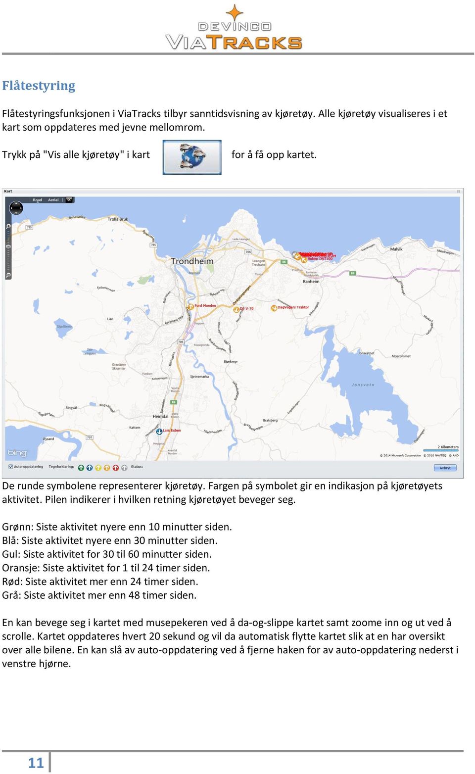 Pilen indikerer i hvilken retning kjøretøyet beveger seg. Grønn: Siste aktivitet nyere enn 10 minutter siden. Blå: Siste aktivitet nyere enn 30 minutter siden.