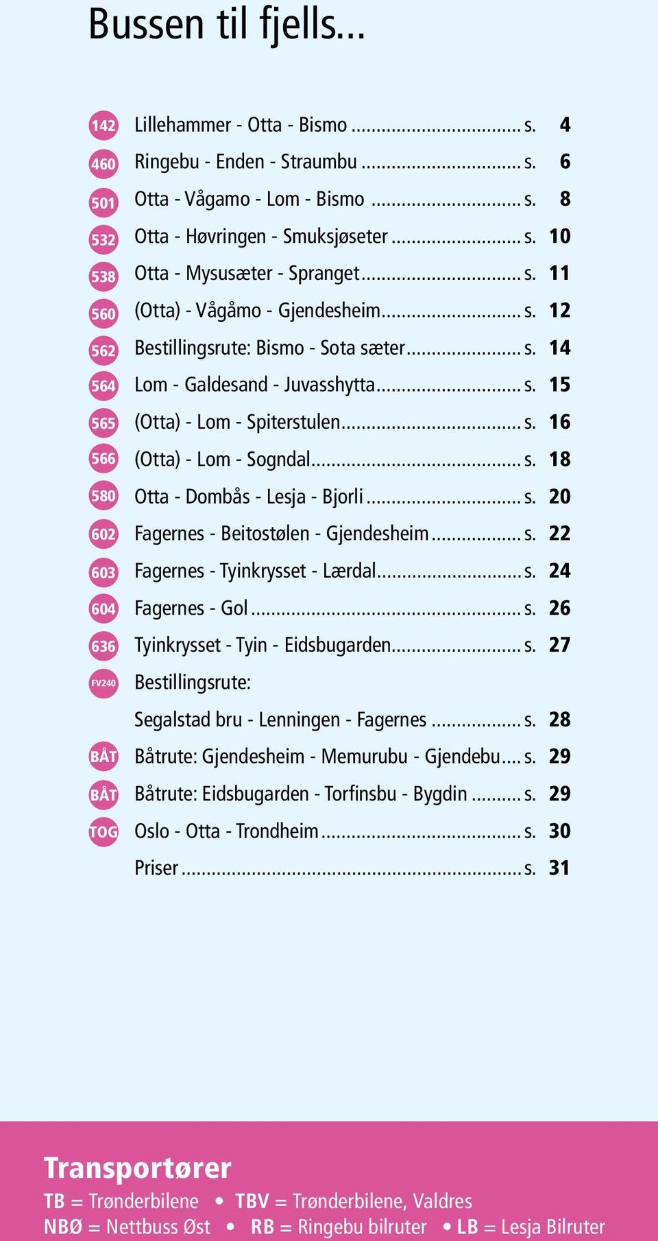 .. s. 18 Otta - Dombås - Lesja - Bjorli... s. 20 Fagernes - Beitostølen - Gjendesheim... s. 22 Fagernes - Tyinkrysset - Lærdal... s. 24 Fagernes - Gol... s. 26 Tyinkrysset - Tyin - Eidsbugarden... s. 27 Bestillingsrute: Segalstad bru - Lenningen - Fagernes.