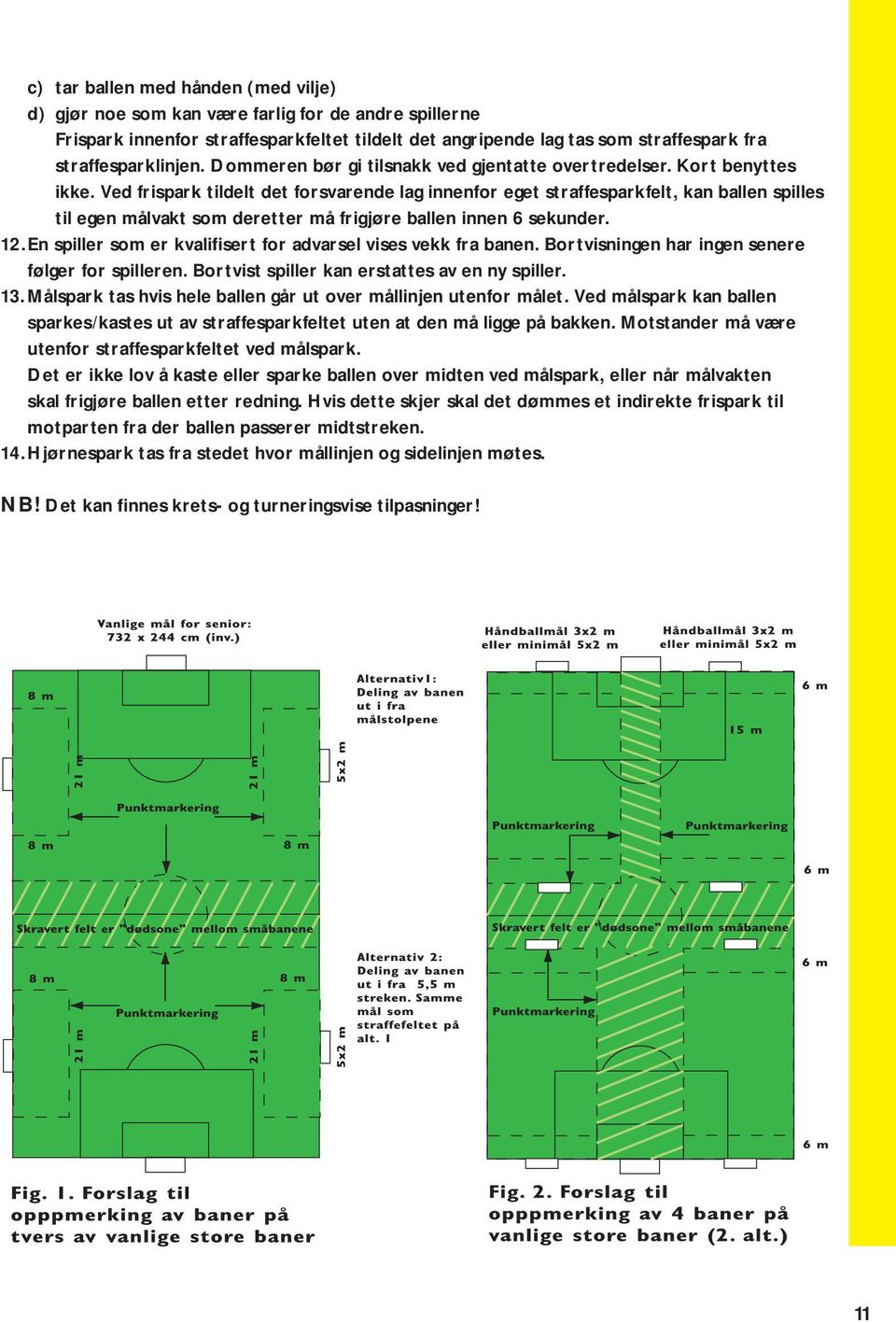 Ved frispark tildelt det forsvarende lag innenfor eget straffesparkfelt, kan ballen spilles til egen målvakt som deretter må frigjøre ballen innen 6 sekunder. 12.