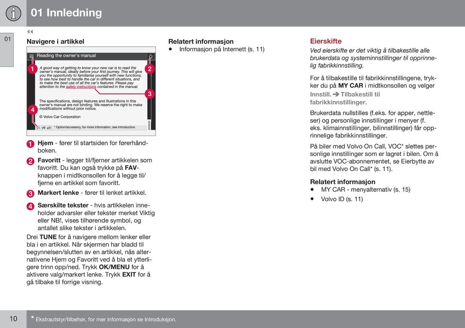 Favoritt - legger til/fjerner artikkelen som favoritt. Du kan også trykke på FAVknappen i midtkonsollen for å legge til/ fjerne en artikkel som favoritt. Markert lenke - fører til lenket artikkel.