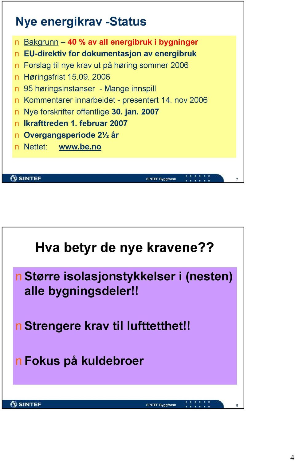 nov 2006 Nye forskrifter offentlige 30. jan. 2007 Ikrafttreden 1. februar 2007 Overgangsperiode 2½ år Nettet: www.be.