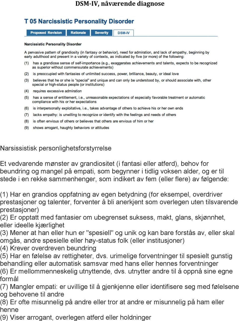 talenter, forventer å bli anerkjent som overlegen uten tilsvarende prestasjoner) (2) Er opptatt med fantasier om ubegrenset suksess, makt, glans, skjønnhet, eller ideelle kjærlighet (3) Mener at han