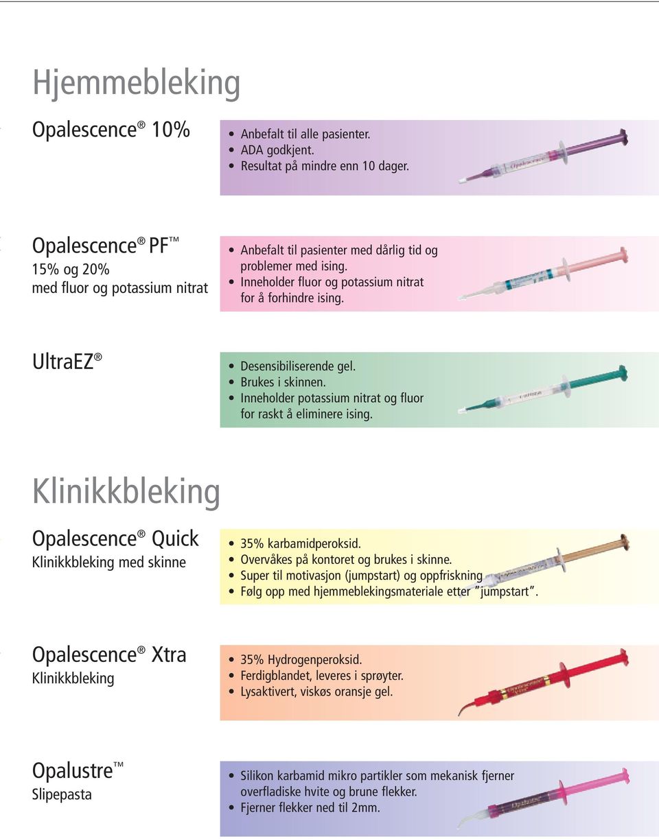 UltraEZ Desensibiliserende gel. Brukes i skinnen. Inneholder potassium nitrat og fluor for raskt å eliminere ising. Opalescence Quick med skinne 35% karbamidperoksid.