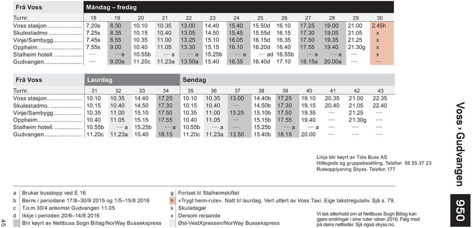 40 17.55 19.40 21.30g x Stalheim hotell... a 10.55b a a 15.25b a ad 16.55b a a x Gudvangen... 9.20a 11.20c 11.23a 13.50a 15.40 16.35 16.40d 17.10 18.15a 20.00a Frå Voss Laurdag Søndag 45 Turnr.