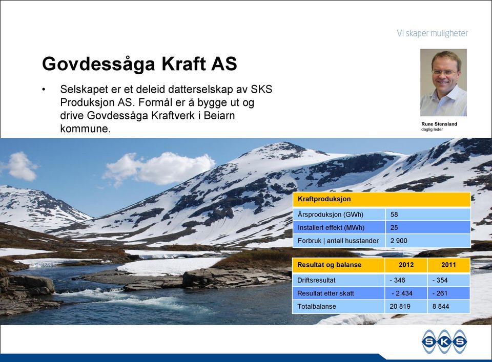 Rune Stensland daglig leder Kraftproduksjon Årsproduksjon (GWh) 58 Installert effekt (MWh) 25