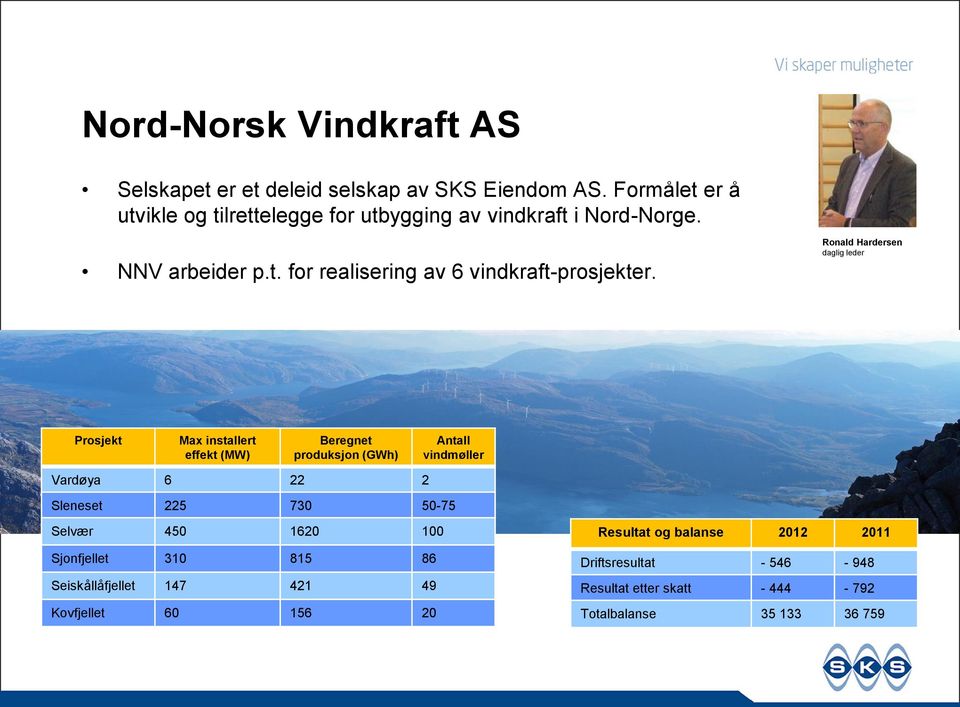 Ronald Hardersen daglig leder Prosjekt Max installert effekt (MW) Beregnet produksjon (GWh) Antall vindmøller Vardøya 6 22 2 Sleneset 225 730