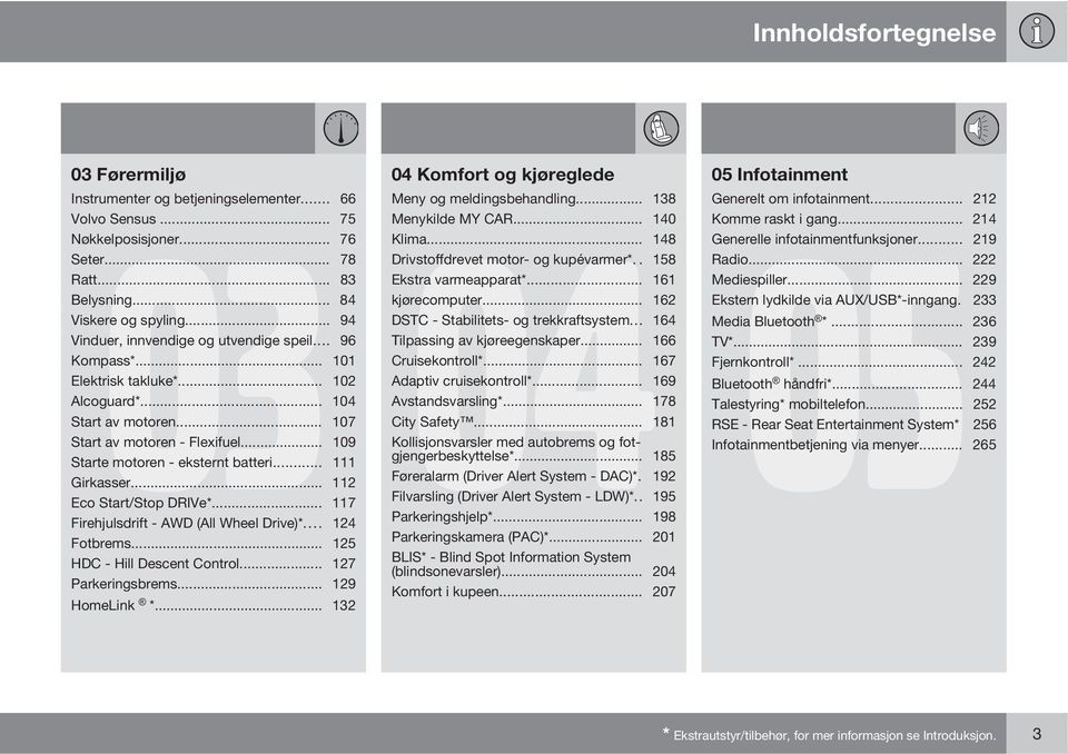 .. 94 DSTC - Stabilitets- og trekkraftsystem... 164 Vinduer, innvendige og utvendige speil... 96 Tilpassing av kjøreegenskaper... 166 Kompass*... 101 Cruisekontroll*... 167 Elektrisk takluke*.