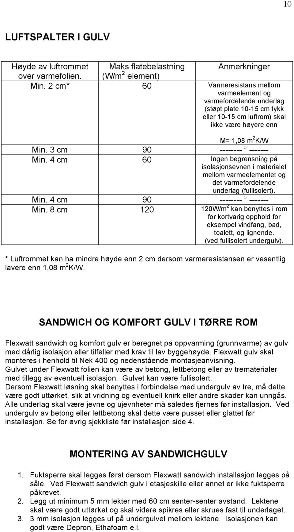 4 cm 60 Ingen begrensning på isolasjonsevnen i materialet mellom varmeelementet og det varmefordelende underlag (fullisolert). Min. 4 cm 90 -------- ------- Min.