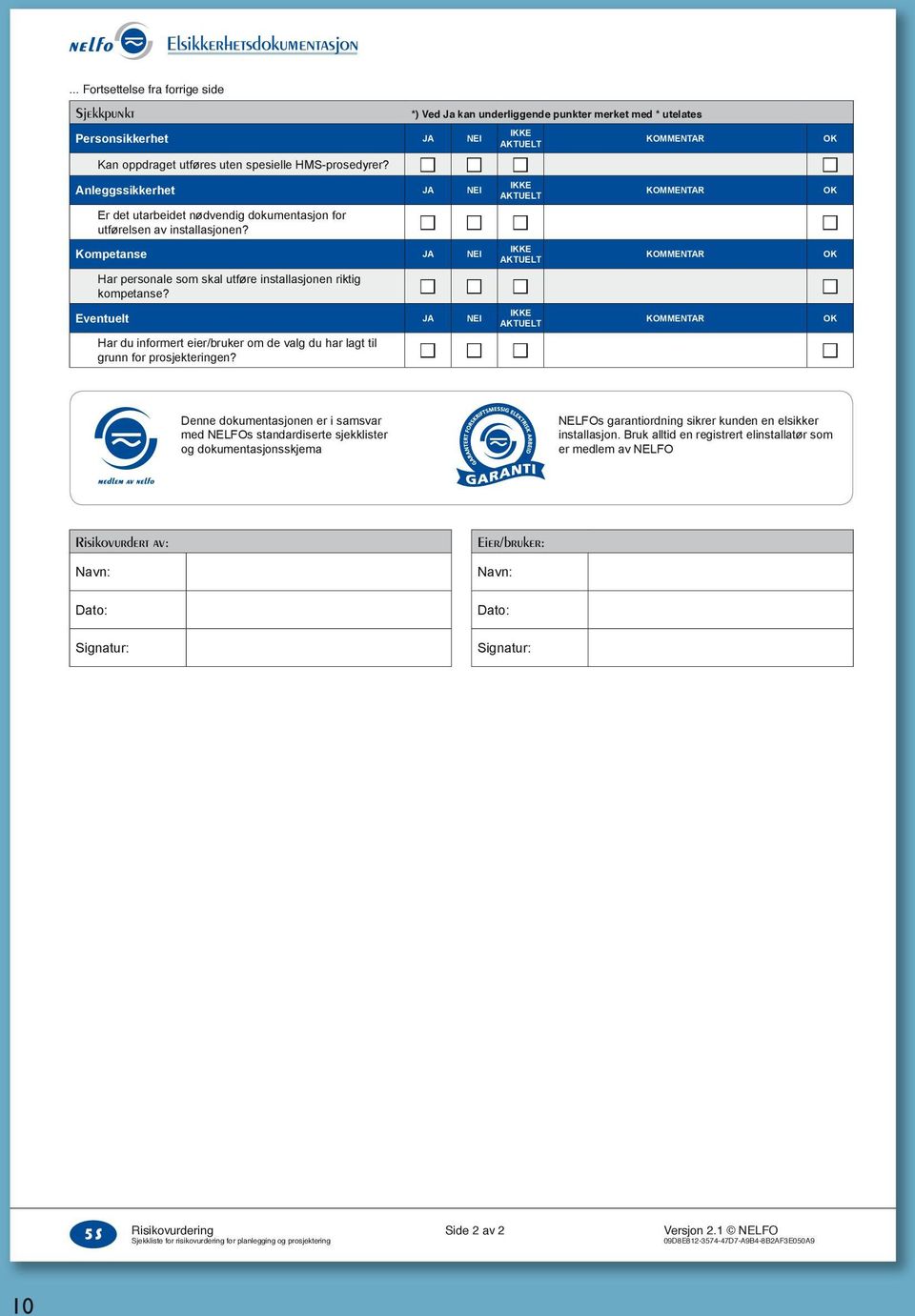 Anleggssikkerhet JA NEI IKKE AKTUELT KOMMENTAR Er det utarbeidet nødvendig dokumentasjon for utførelsen av installasjonen?