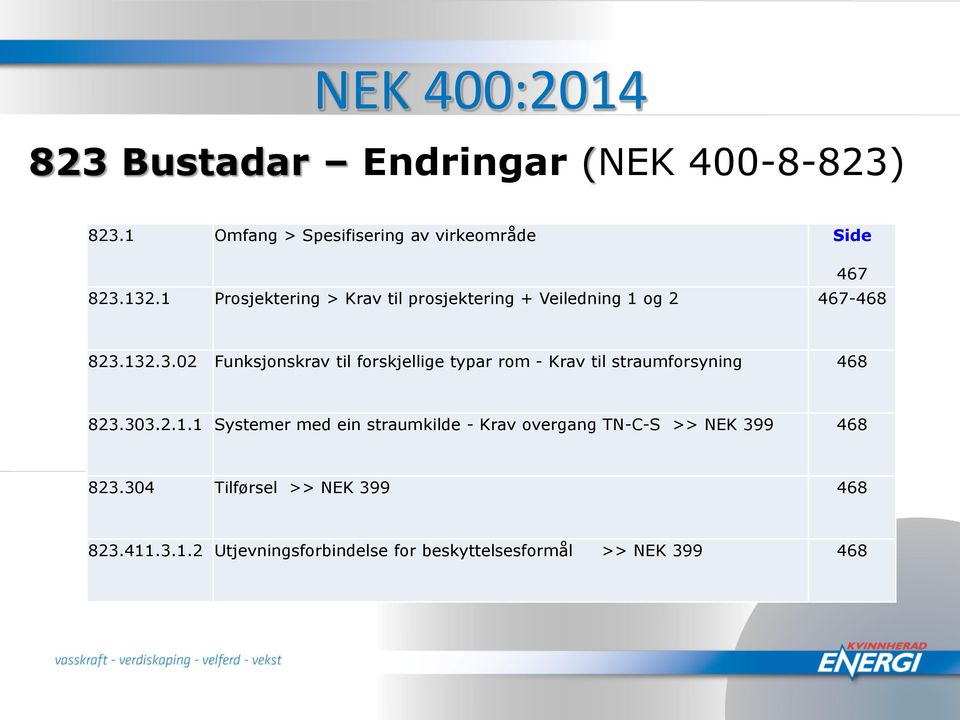 132.3.02 Funksjonskrav til forskjellige typar rom - Krav til straumforsyning 468 823.303.2.1.1 Systemer med ein straumkilde - Krav overgang TN-C-S >> NEK 399 468 823.