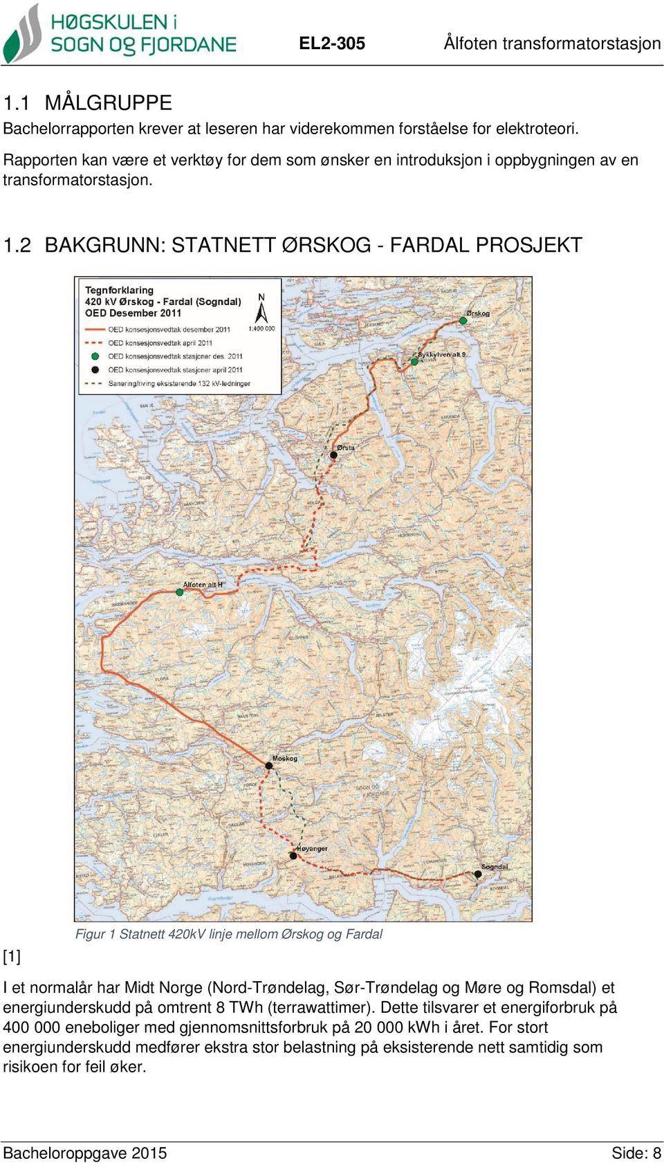 2 BAKGRUNN: STATNETT ØRSKOG - FARDAL PROSJEKT [1] Figur 1 Statnett 420kV linje mellom Ørskog og Fardal I et normalår har Midt Norge (Nord-Trøndelag, Sør-Trøndelag og Møre