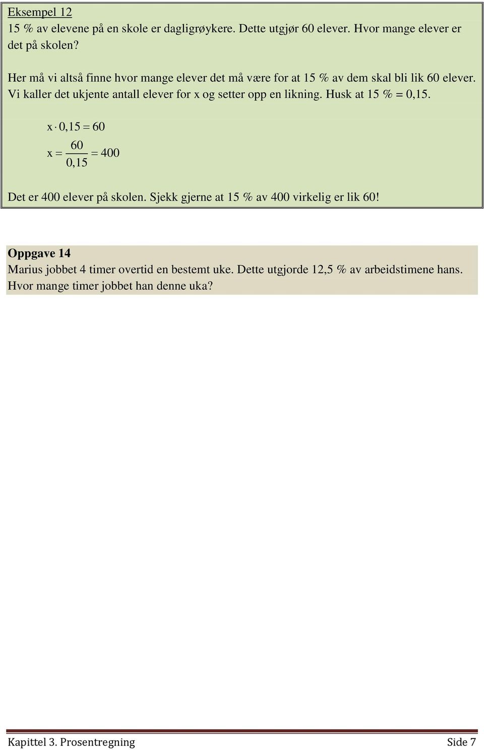 Vi kaller det ukjente antall elever for x og setter opp en likning. Husk at 15 % = 0,15. x 0,15 60 60 x 400 0,15 Det er 400 elever på skolen.