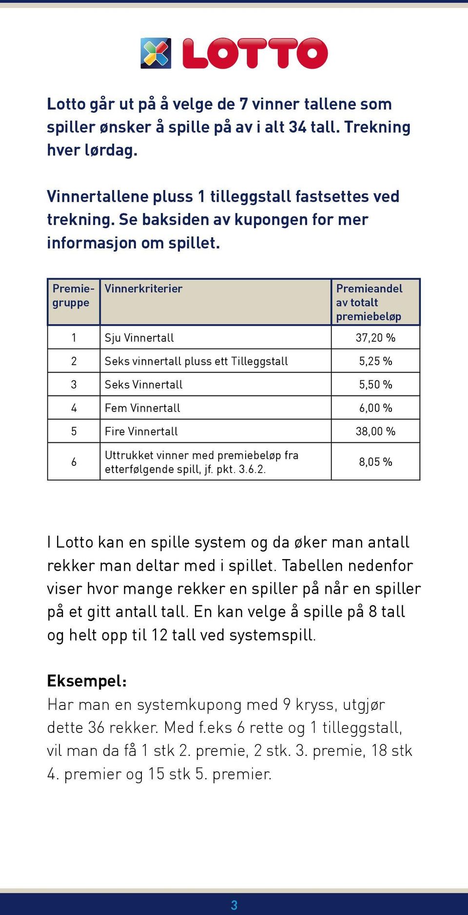 Premiegruppe Vinnerkriterier Premieandel av totalt premiebeløp Sju Vinnertall,0 % Seks vinnertall pluss ett Tilleggstall, % Seks Vinnertall,0 % Fem Vinnertall,00 % Fire Vinnertall,00 % Uttrukket