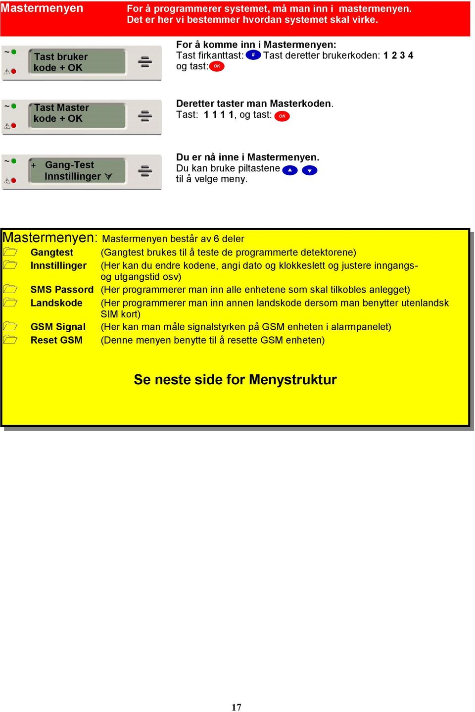 Tast: 1 1 1 1, og tast: + Gang-Test Innstillinger Du er nå inne i Mastermenyen. Du kan bruke piltastene til å velge meny.
