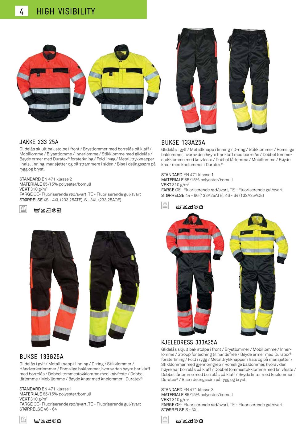 STANDARD EN 471 klasse 2 MATERIALE 85/15% polyester/bomull VEKT 310 g/m 2 FARGE OE- Fluoriserende rød/svart, TE - Fluoriserende gul/svart STØRRELSE XS - 4XL (233 25ATE), S - 3XL (233 25AOE) C9nq6