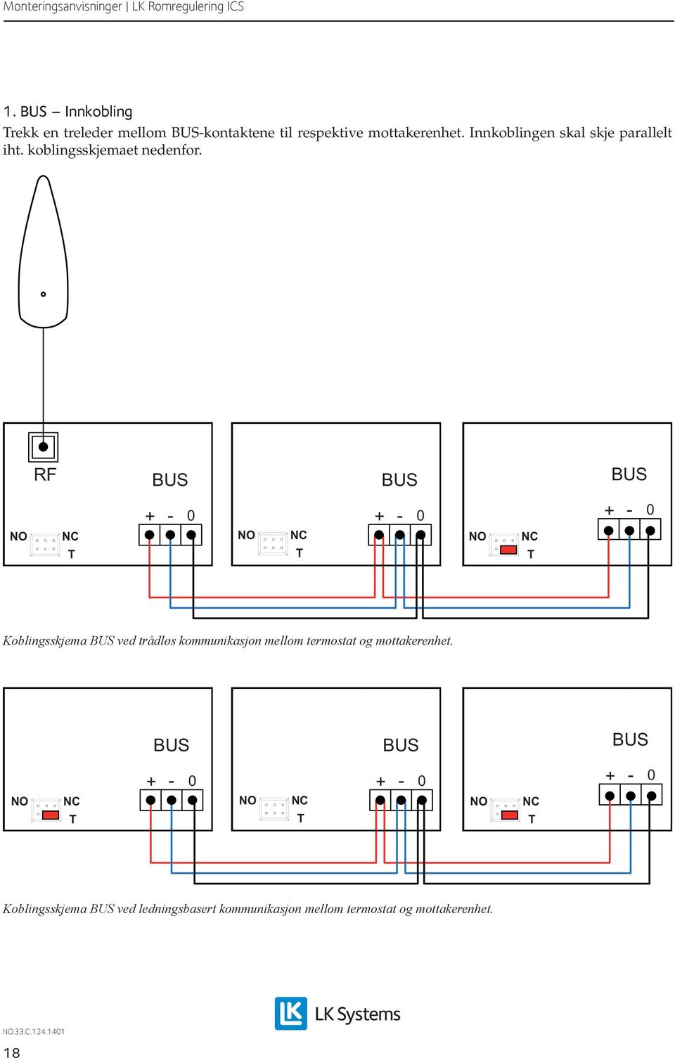 RF BUS BUS BUS NO NC T + - 0 NO NC T + - 0 NO NC T + - 0 Koblingsskjema BUS ved trådløs kommunikasjon mellom
