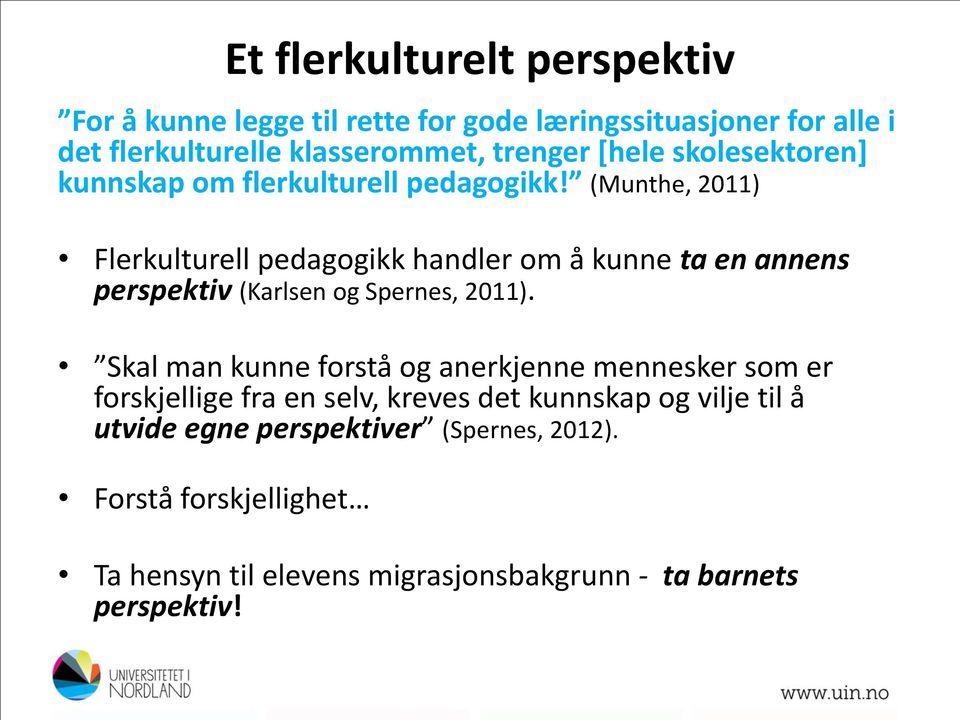 (Munthe, 2011) Flerkulturell pedagogikk handler om å kunne ta en annens perspektiv (Karlsen og Spernes, 2011).