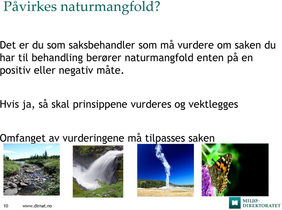 behandling berører naturmangfold enten på en positiv eller negativ