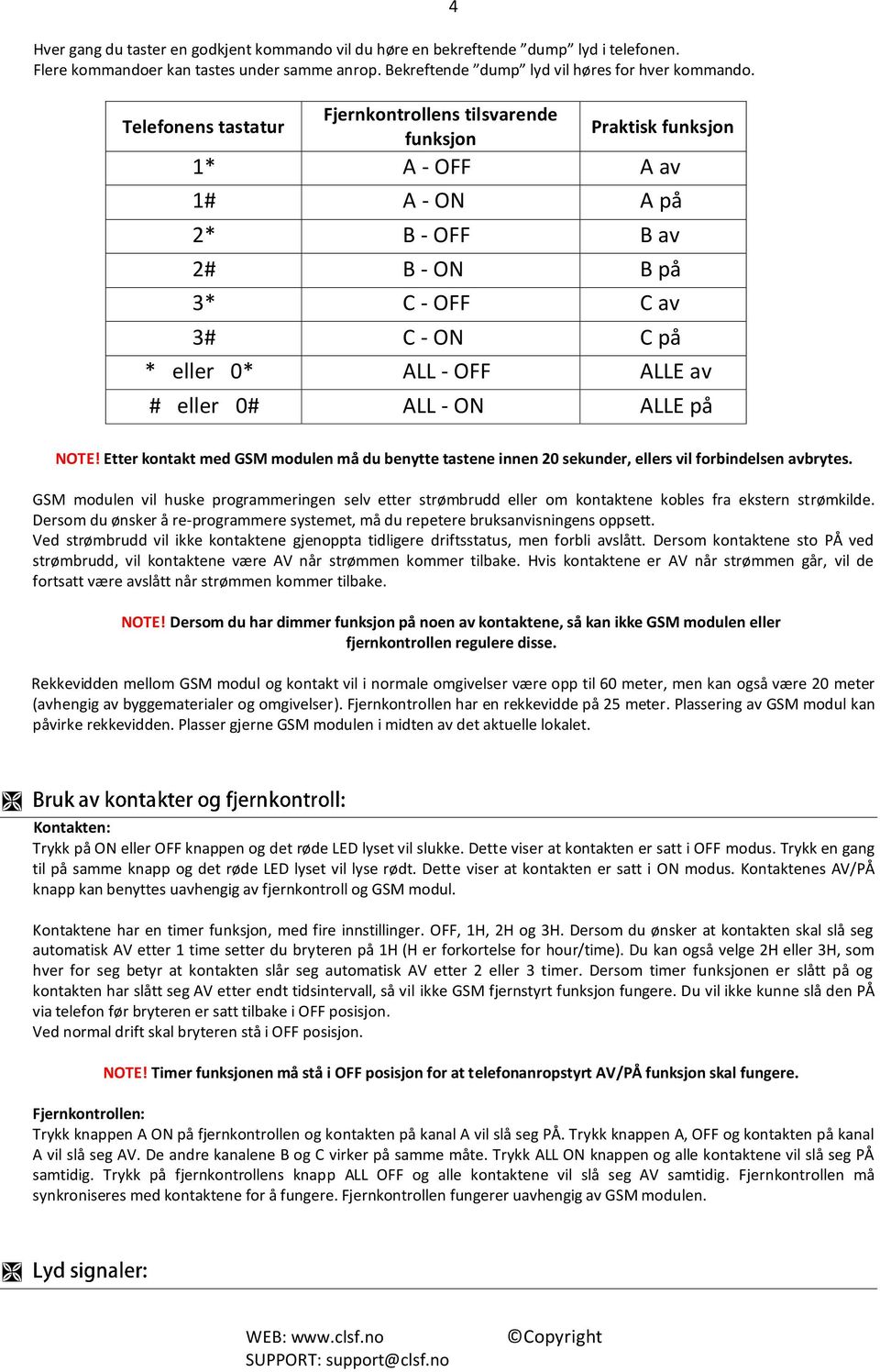 # eller 0# ALL - ON ALLE på NOTE! Etter kontakt med GSM modulen må du benytte tastene innen 20 sekunder, ellers vil forbindelsen avbrytes.