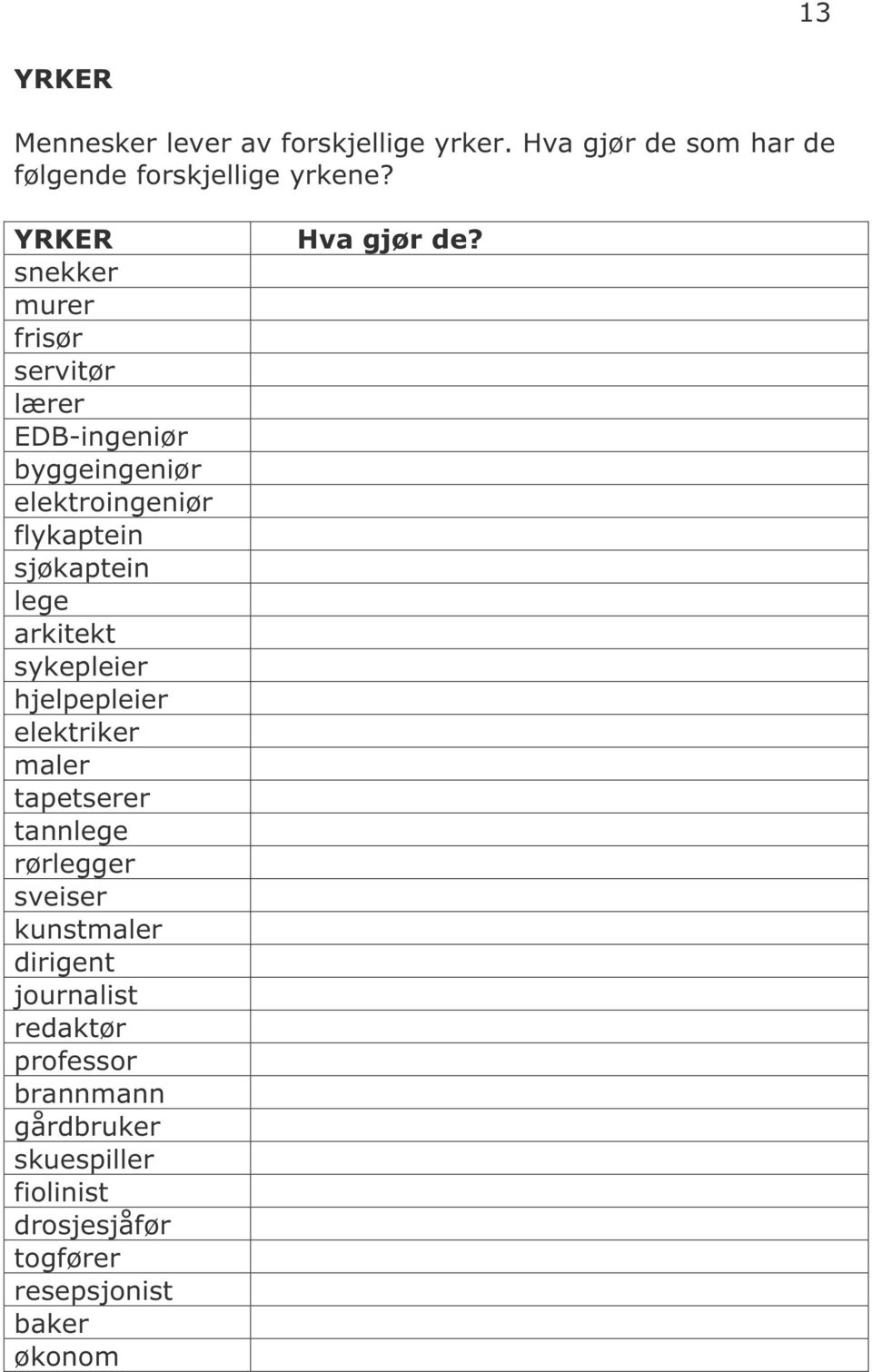 arkitekt sykepleier hjelpepleier elektriker maler tapetserer tannlege rørlegger sveiser kunstmaler dirigent