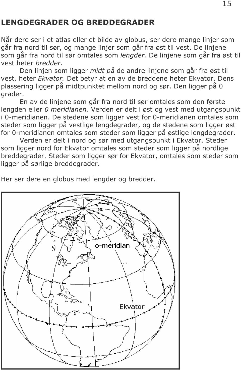 Det betyr at en av de breddene heter Ekvator. Dens plassering ligger på midtpunktet mellom nord og sør. Den ligger på 0 grader.