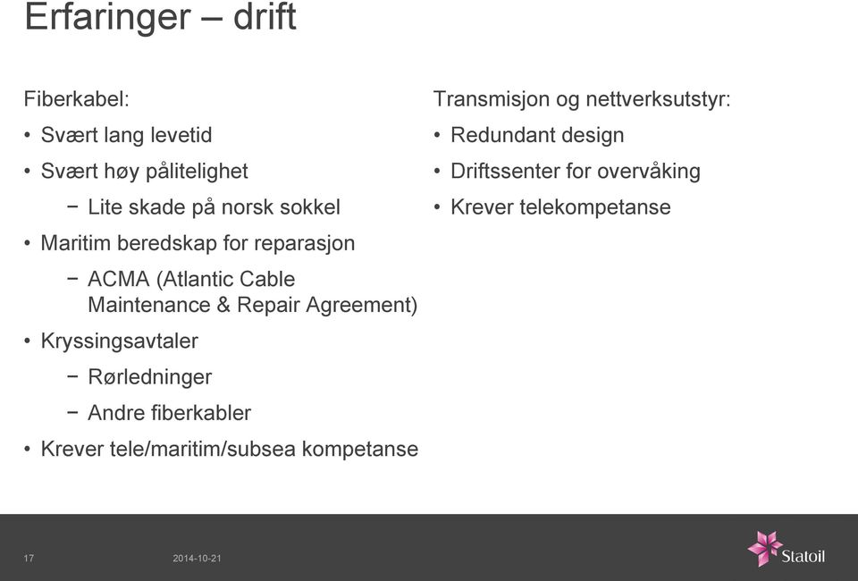 Kryssingsavtaler Rørledninger Andre fiberkabler Krever tele/maritim/subsea kompetanse