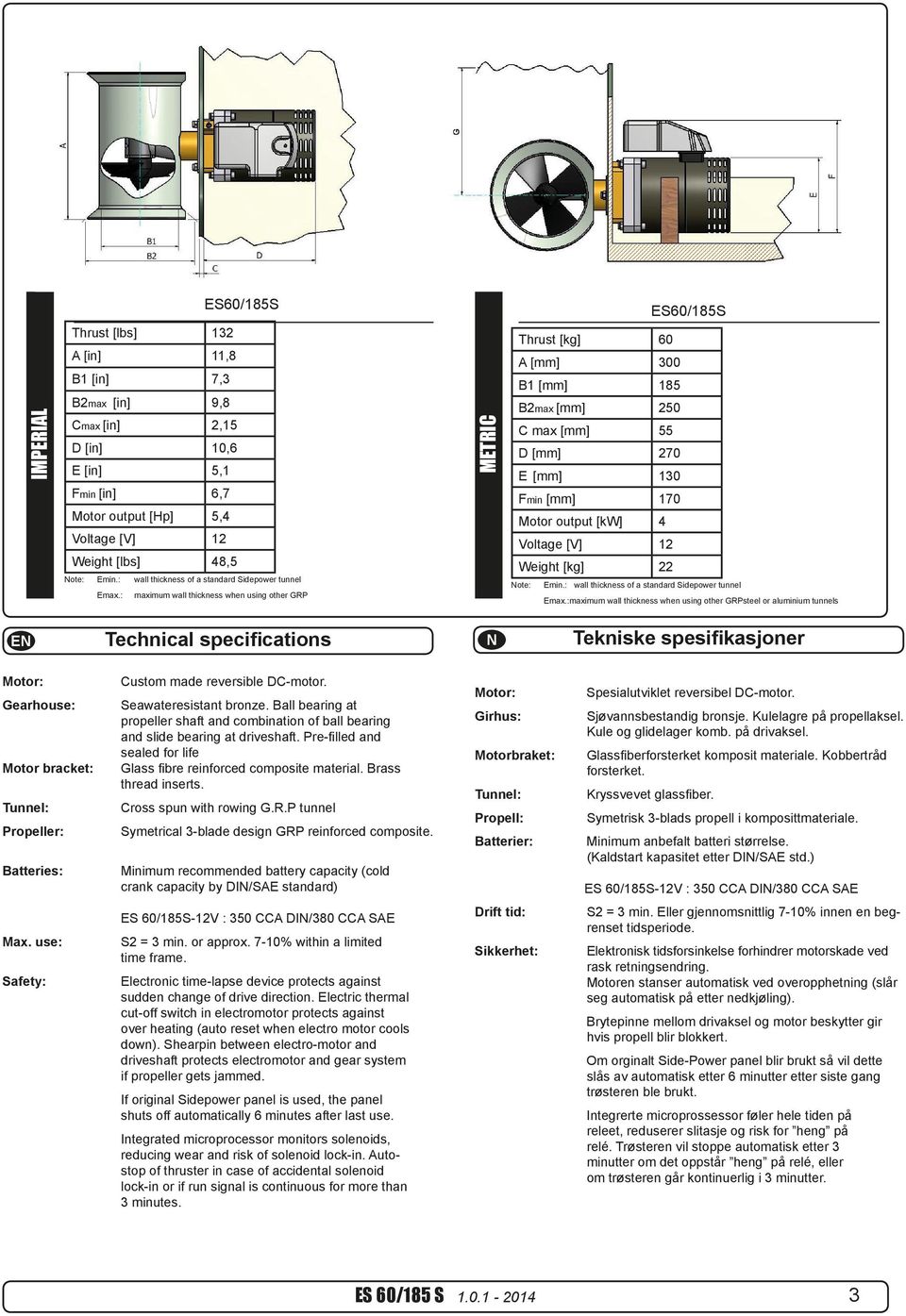 : maximum wall thickness when using other GRP E Motor: ES60/185S METRIC IMPERIAL ES60/185S Technical specifications 60 A [mm] 300 B1 [mm] 185 B2max [mm] 250 C max [mm] 55 D [mm] 270 E [mm] 130 Fmin