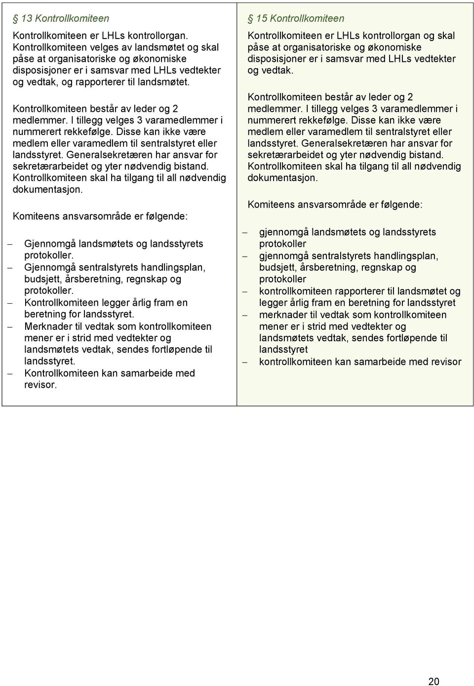 Kontrollkomiteen består av leder og 2 medlemmer. I tillegg velges 3 varamedlemmer i nummerert rekkefølge. Disse kan ikke være medlem eller varamedlem til sentralstyret eller landsstyret.