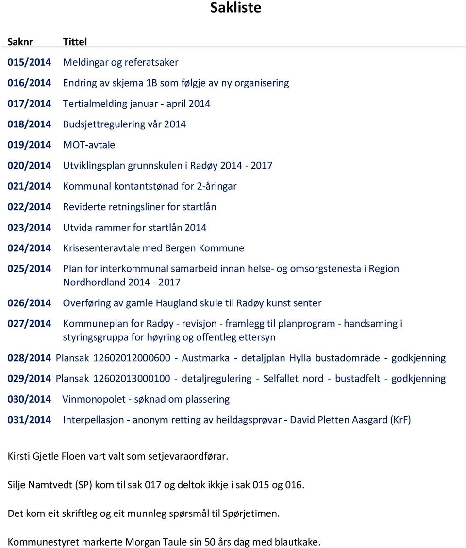 startlån 2014 024/2014 Krisesenteravtale med Bergen Kommune 025/2014 Plan for interkommunal samarbeid innan helse- og omsorgstenesta i Region Nordhordland 2014-2017 026/2014 Overføring av gamle