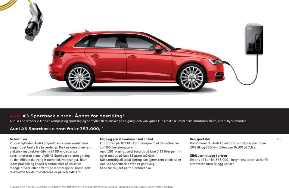 000,- * To biler i en Plug-in hybriden Audi A3 Sportback e-tron kombinerer elegant det beste fra to verdener.