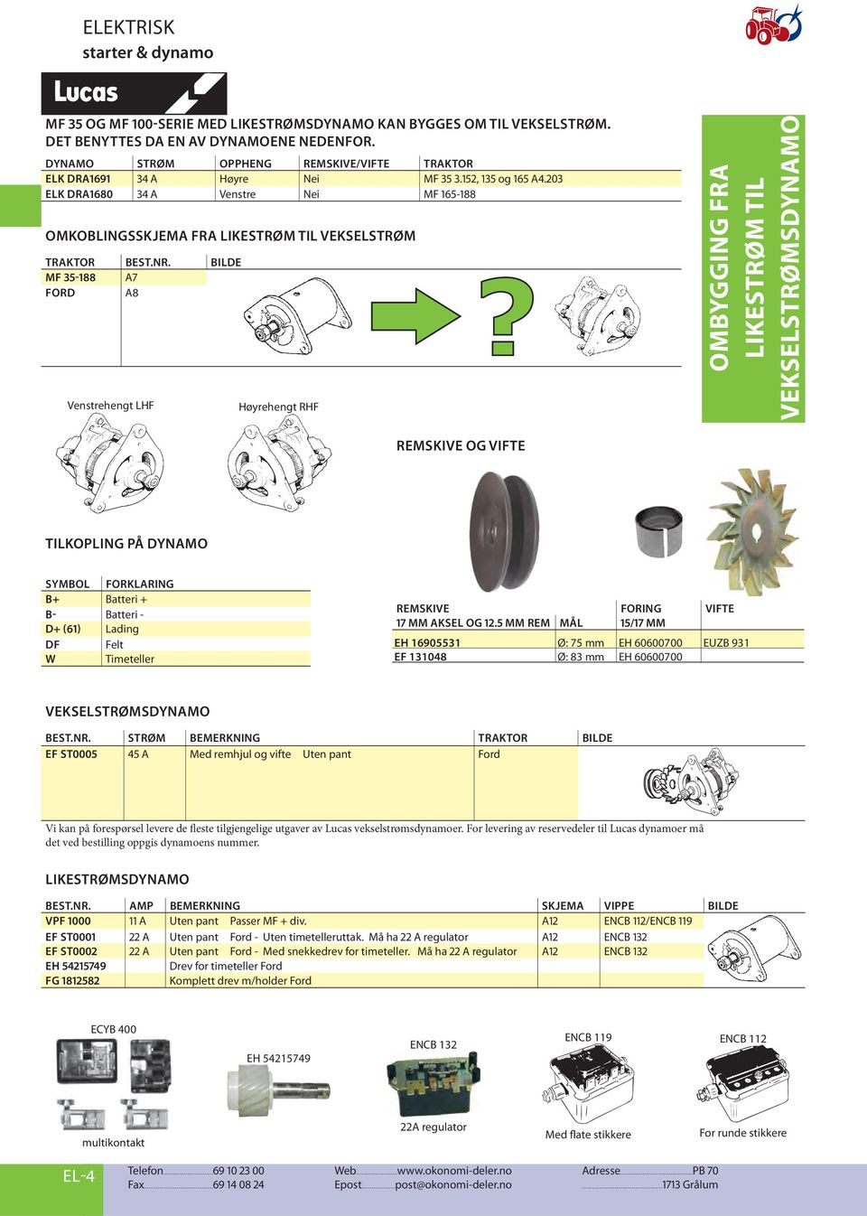 203 ELK DRA1680 34 A Venstre Nei MF 165-188 OMKOBLINGSSKJEMA FRA LIKESTRØM TIL VEKSELSTRØM TRAKTOR BEST.NR.