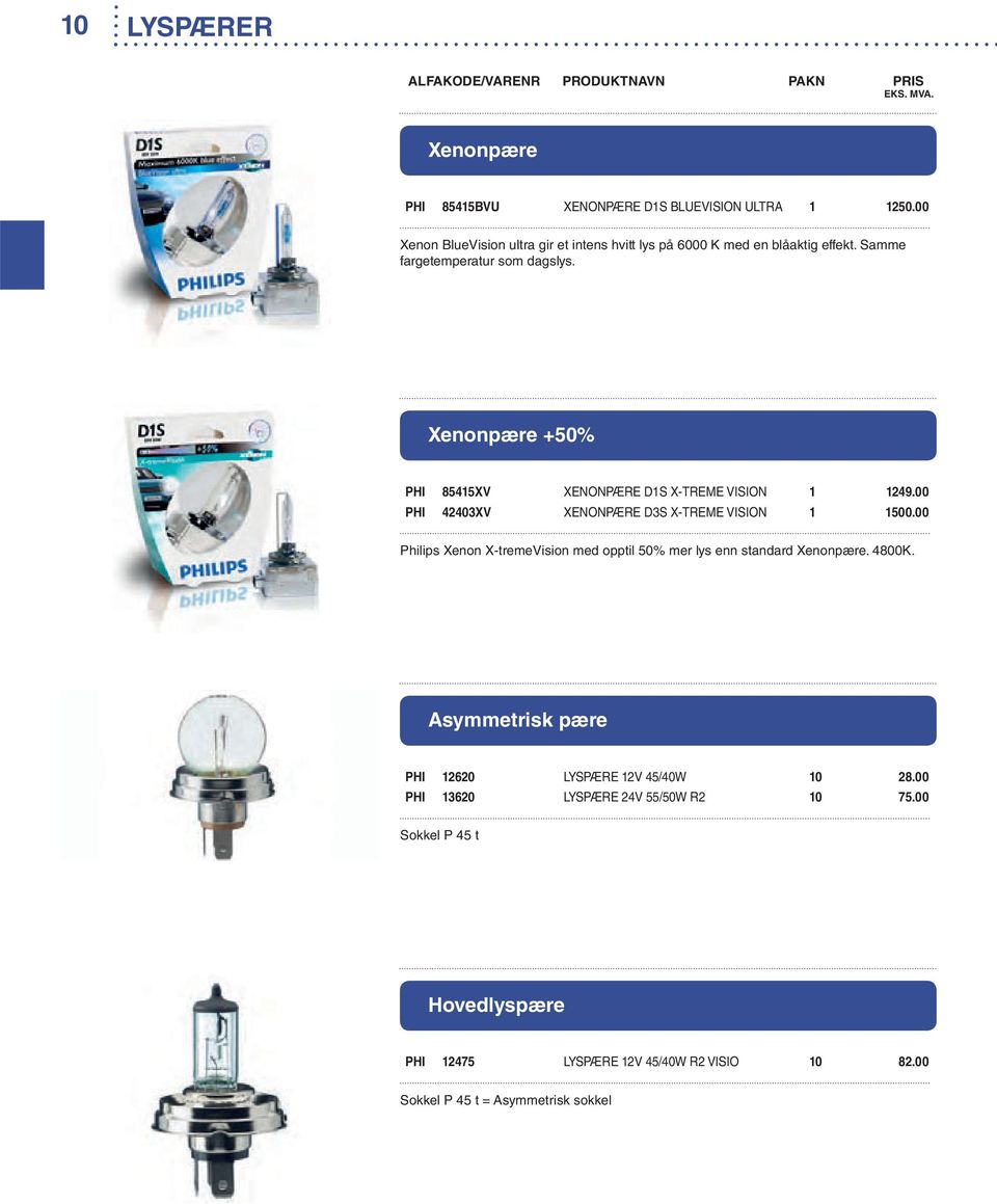 Xenonpære +50% PHI 85415XV XENONPÆRE D1S X-TREME VISION 1 1249.00 PHI 42403XV XENONPÆRE D3S X-TREME VISION 1 1500.