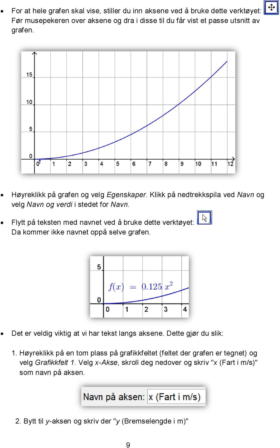 Flytt på teksten med navnet ved å bruke dette verktøyet: Da kommer ikke navnet oppå selve grafen. Det er veldig viktig at vi har tekst langs aksene. Dette gjør du slik: 1.