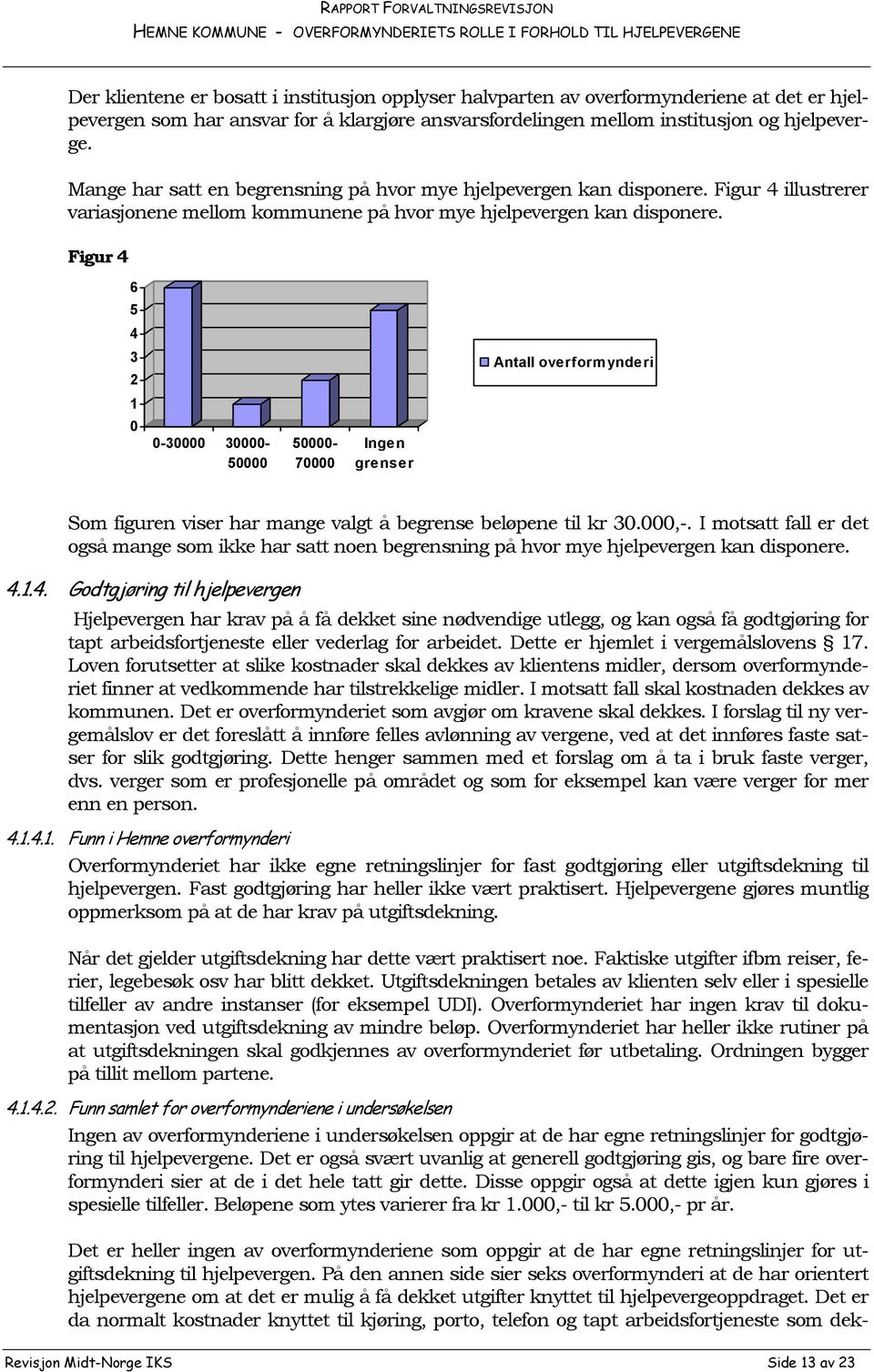 Figur 4 Antall overformynderi 6 5 4 3 2 1 0 0-30000 30000-50000 50000-70000 Ingen grenser Som figuren viser har mange valgt å begrense beløpene til kr 30.000,-.