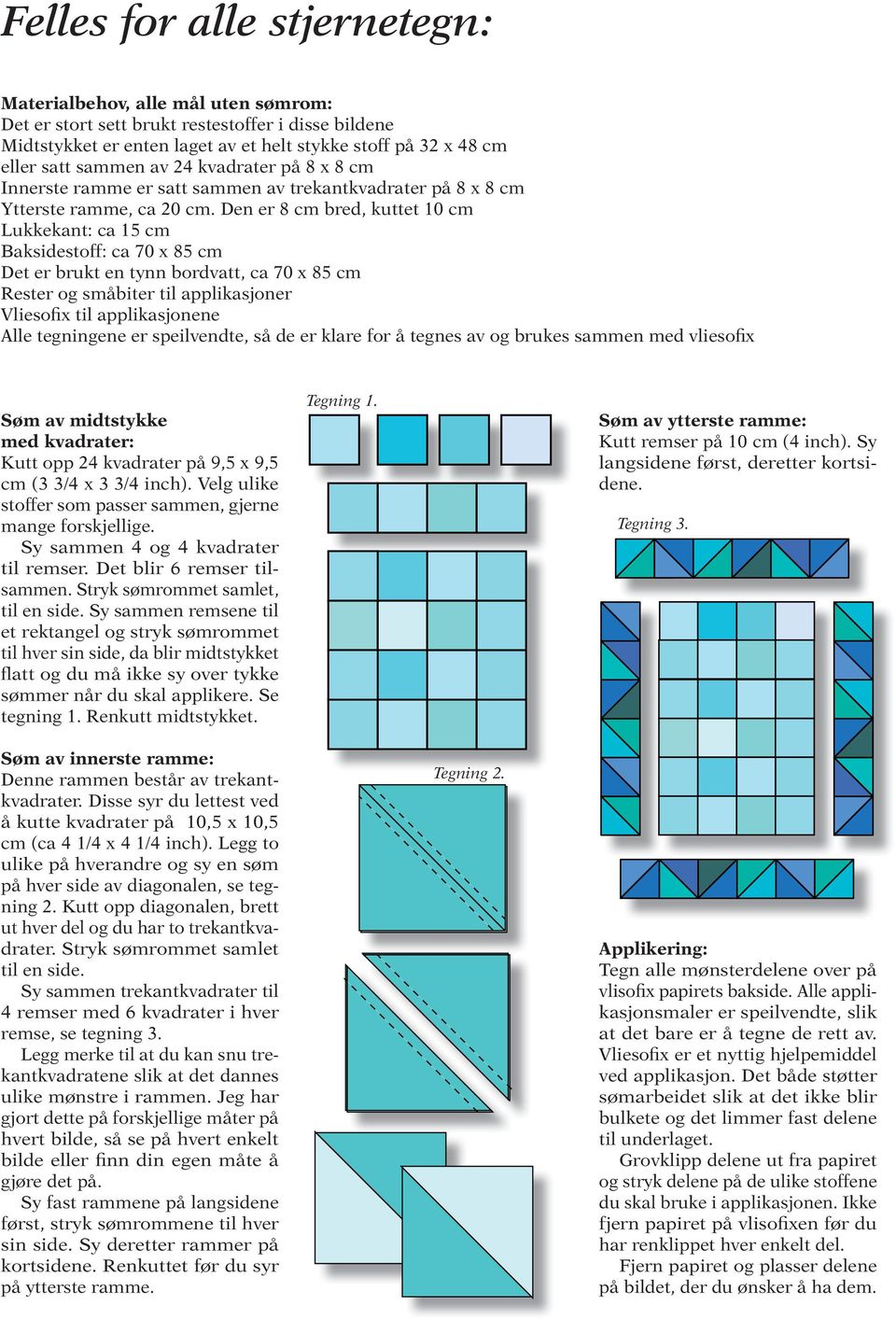 Den er 8 cm bred, kuttet 10 cm Lukkekant: ca 15 cm Baksidestoff: ca 70 x 85 cm Det er brukt en tynn bordvatt, ca 70 x 85 cm Rester og småbiter til applikasjoner Vliesofix til applikasjonene Alle