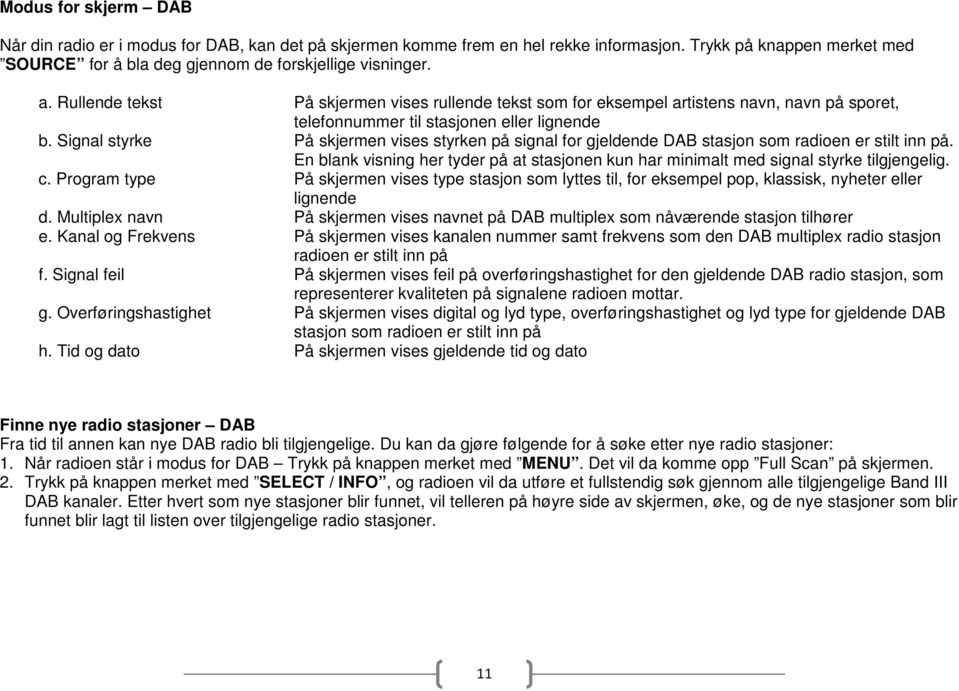 Signal styrke På skjermen vises styrken på signal for gjeldende DAB stasjon som radioen er stilt inn på. En blank visning her tyder på at stasjonen kun har minimalt med signal styrke tilgjengelig. c.