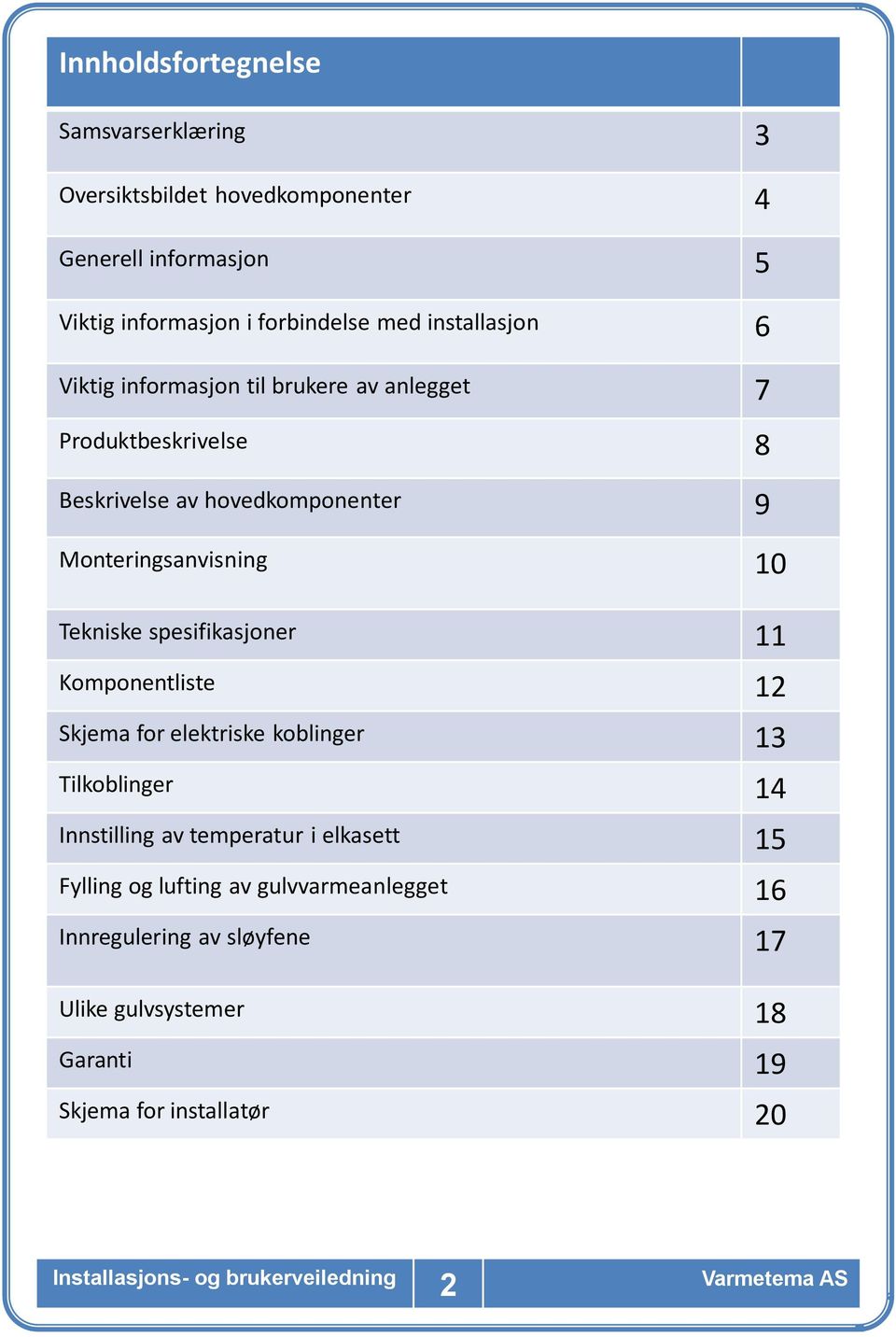 10 Tekniske spesifikasjoner 11 Komponentliste 12 Skjema for elektriske koblinger 13 Tilkoblinger 14 Innstilling av temperatur i