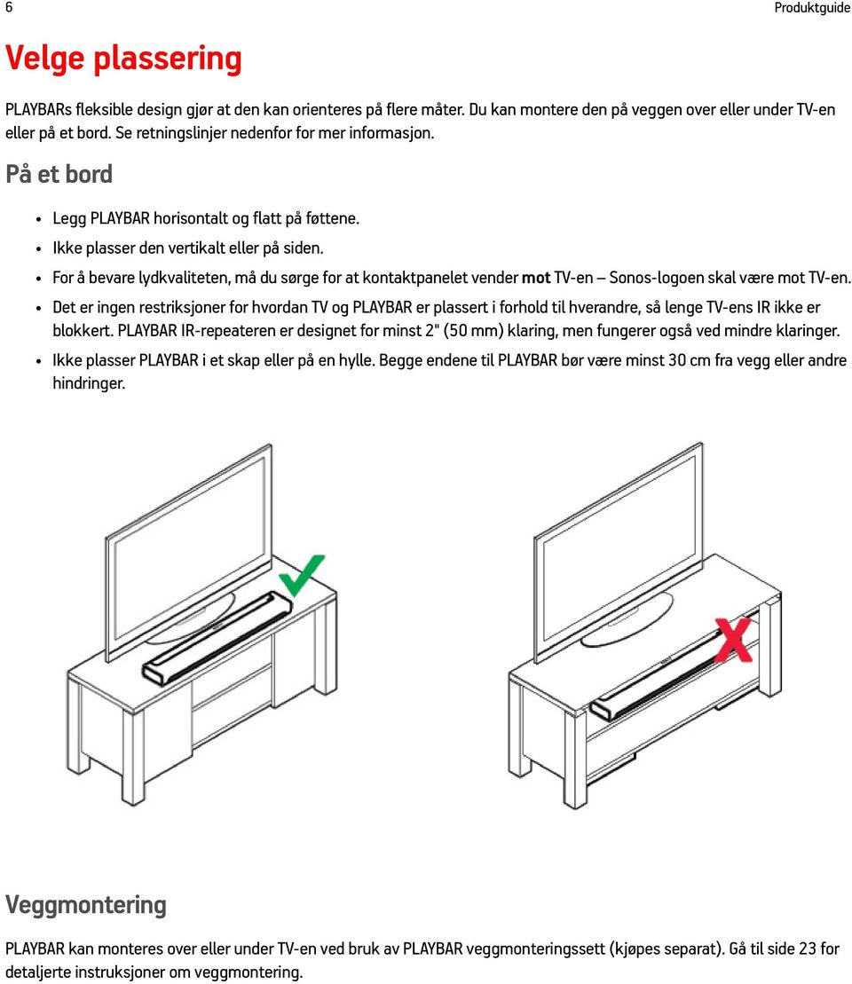 For å bevare lydkvaliteten, må du sørge for at kontaktpanelet vender mot TV-en Sonos-logoen skal være mot TV-en.