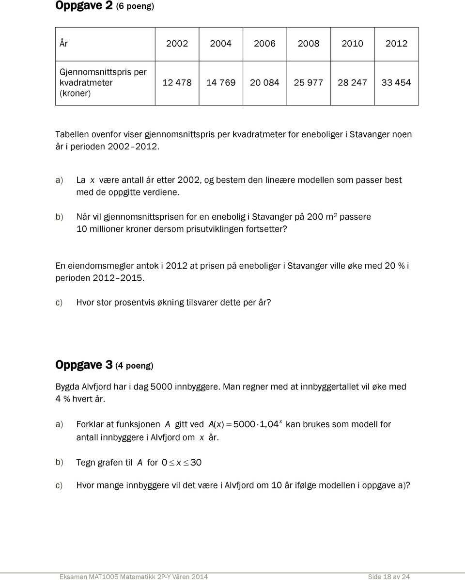 b) Når vil gjennomsnittsprisen for en enebolig i Stavanger på 200 m 2 passere 10 millioner kroner dersom prisutviklingen fortsetter?