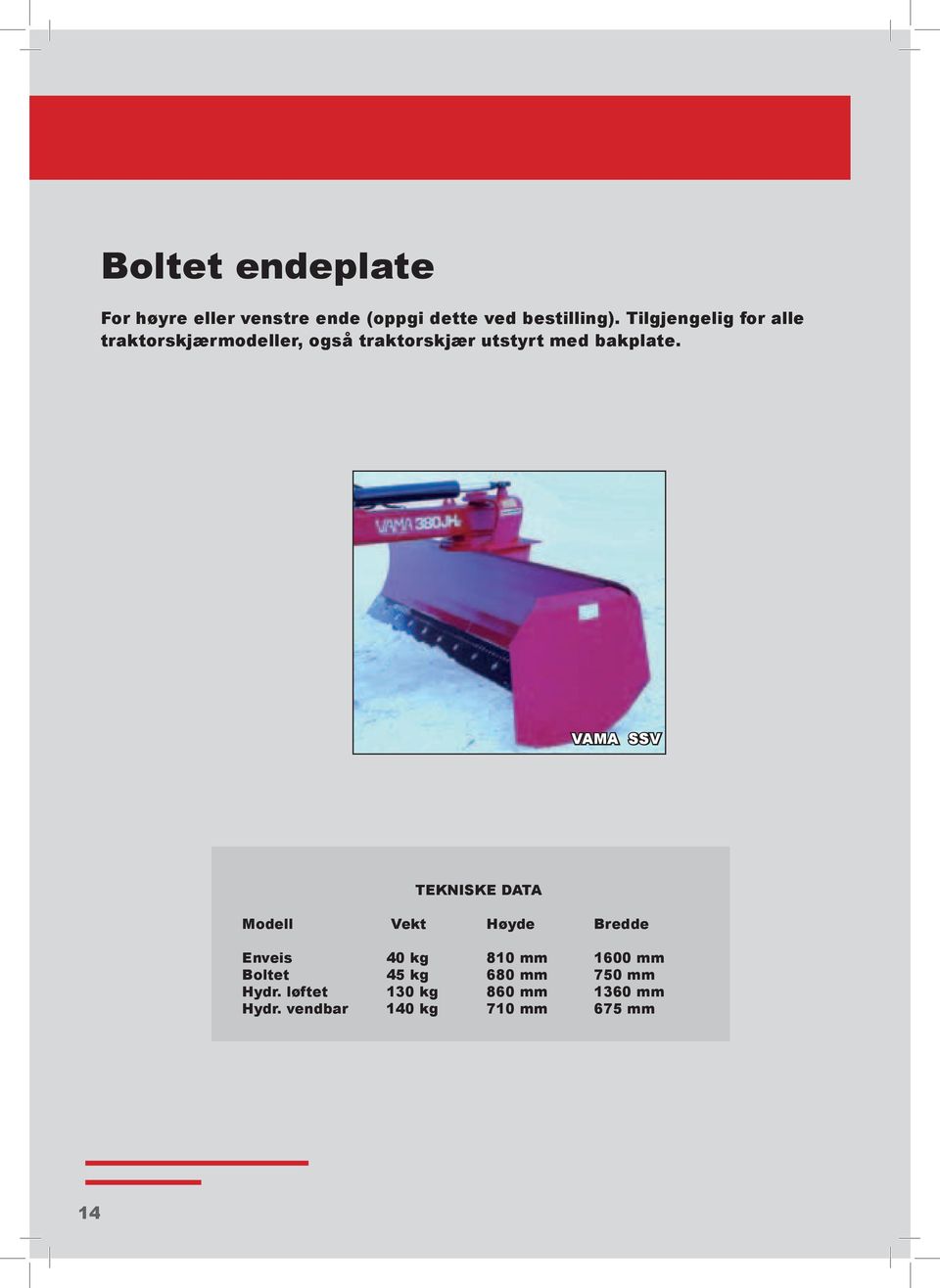 VAMA SSV TEKNISKE DATA Modell Vekt Høyde Bredde Enveis 40 kg 810 mm 1600 mm Boltet