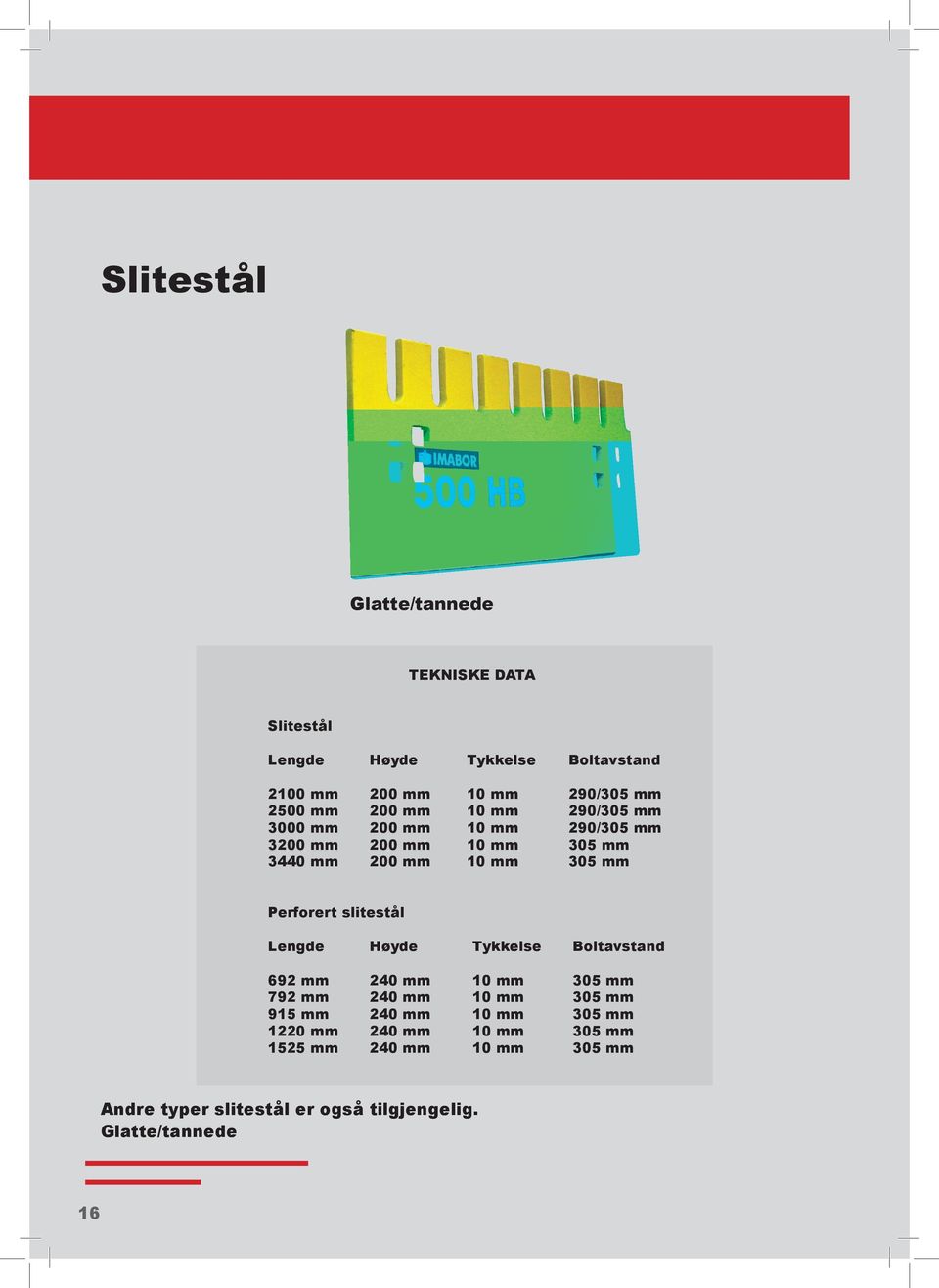 Perforert slitestål Lengde Høyde Tykkelse Boltavstand 692 mm 240 mm 10 mm 305 mm 792 mm 240 mm 10 mm 305 mm 915 mm 240 mm