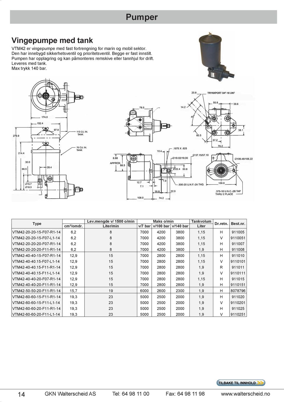 res med tank. Max trykk 40 bar. Lev.mengde v/ 500 o/min Maks o/min Tankvolum cm³/omdr. Liter/min v/7 bar v/00 bar v/40 bar Liter Dr.retn.