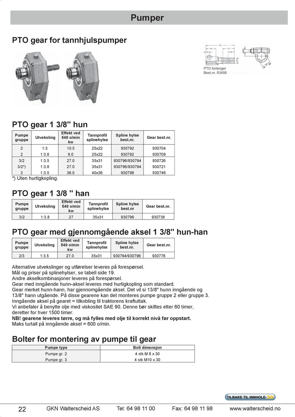 no 22 Pumper PTO gear for tannhjulspumper PTO gear 3/8" hun Pumpe gruppe Utveksling Effekt ved 540 o/min kw Tannprofil splinehylse Spline hylse best.nr. Gear best.nr. 2 :3 0.