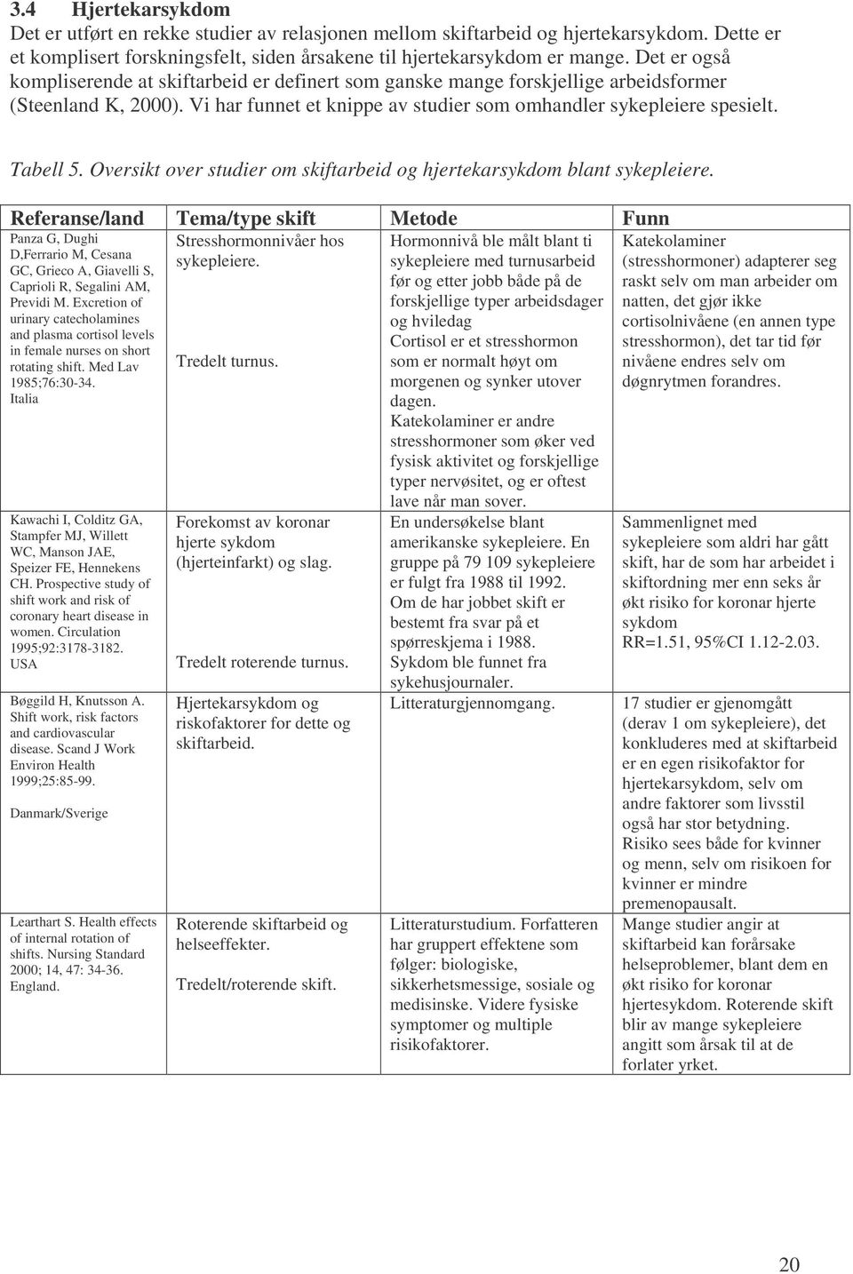 Oversikt over studier om skiftarbeid og hjertekarsykdom blant sykepleiere. Stresshormonnivåer hos sykepleiere.