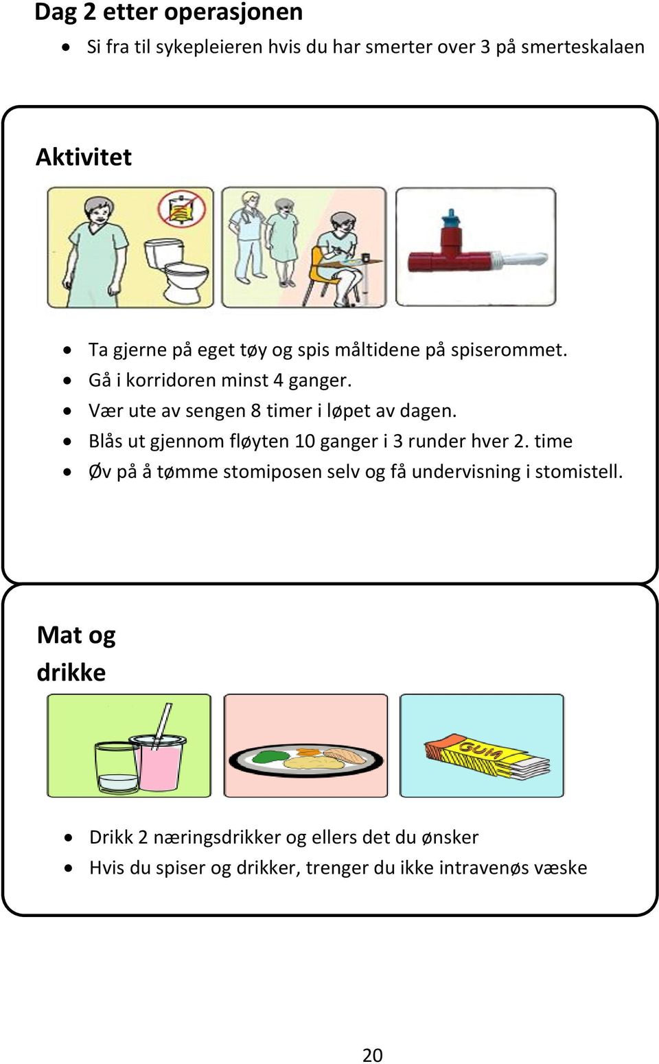 Blås ut gjennom fløyten 10 ganger i 3 runder hver 2. time Øv på å tømme stomiposen selv og få undervisning i stomistell.