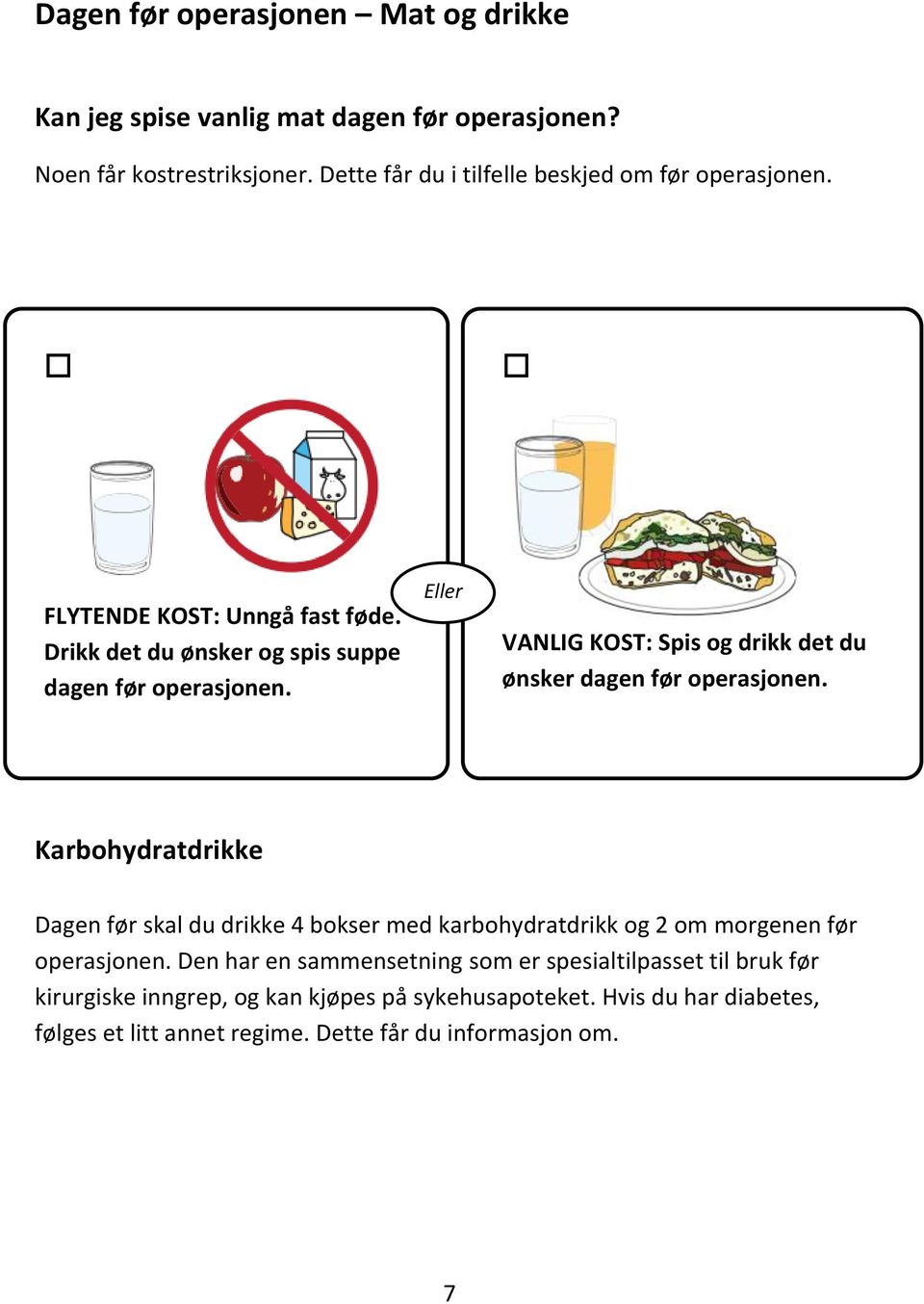 Eller VANLIG KOST: Spis og drikk det du ønsker dagen før operasjonen.