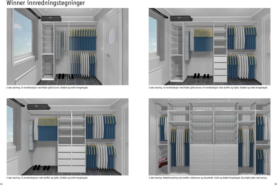 Dobbel og enkel hengehøyde. 3 dørs løsning. To kombiseksjoner med skuffer og hyller. Dobbel og enkel hengehøyde.