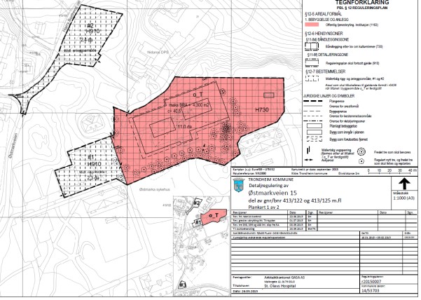 Summen av arealene for byggeområde o_t og de midlertidige bestemmelsesområdene #1, #2 og #3 er 17.580 m 2. Nytt bygg skal bygges i område o_t.