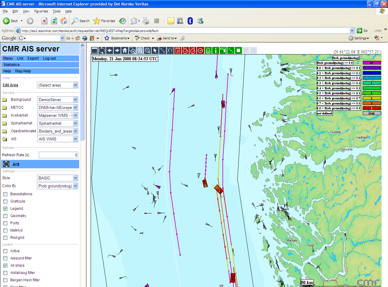 Demonstrator Web interface Shows oil tankers on the coast Real time and