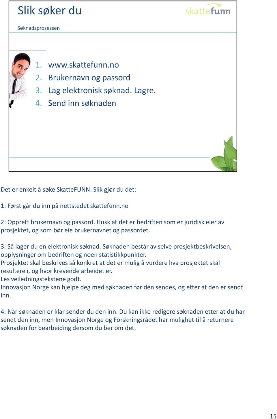 Søknaden består av selve prosjektbeskrivelsen, opplysninger om bedriften og noen statistikkpunkter.